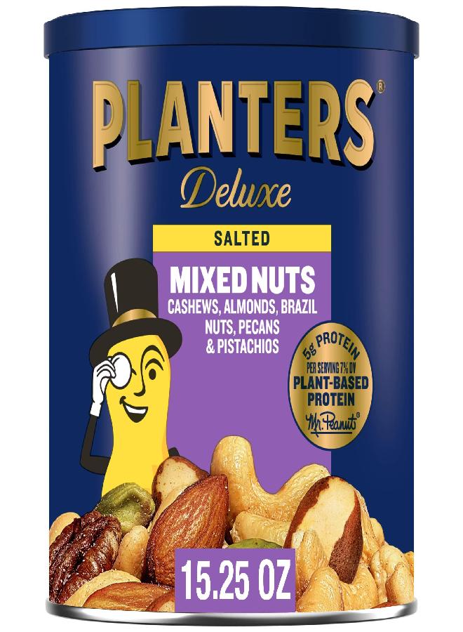 PLANTERS Deluxe Salted Mixed Nuts, Party Snacks, Plant-Based Protein 15.25oz (1 Canister) - Image 2